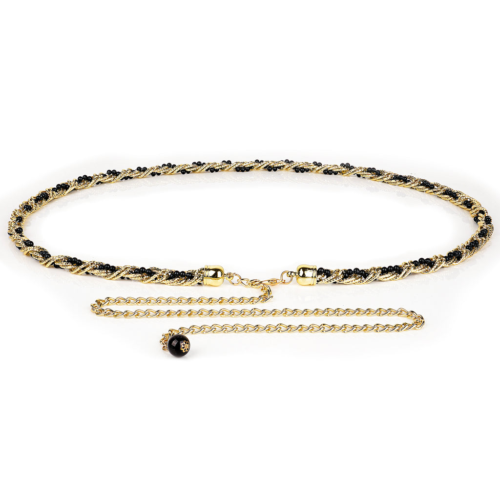 Plus Size Chain Belt for Women, Gold and Black Faux Small Pearl Waist Belt, 51 Inch Adjustable Extra Long Body Decorate for Dresses, Party, Casual Wear, Fashion Jewelry Accessory