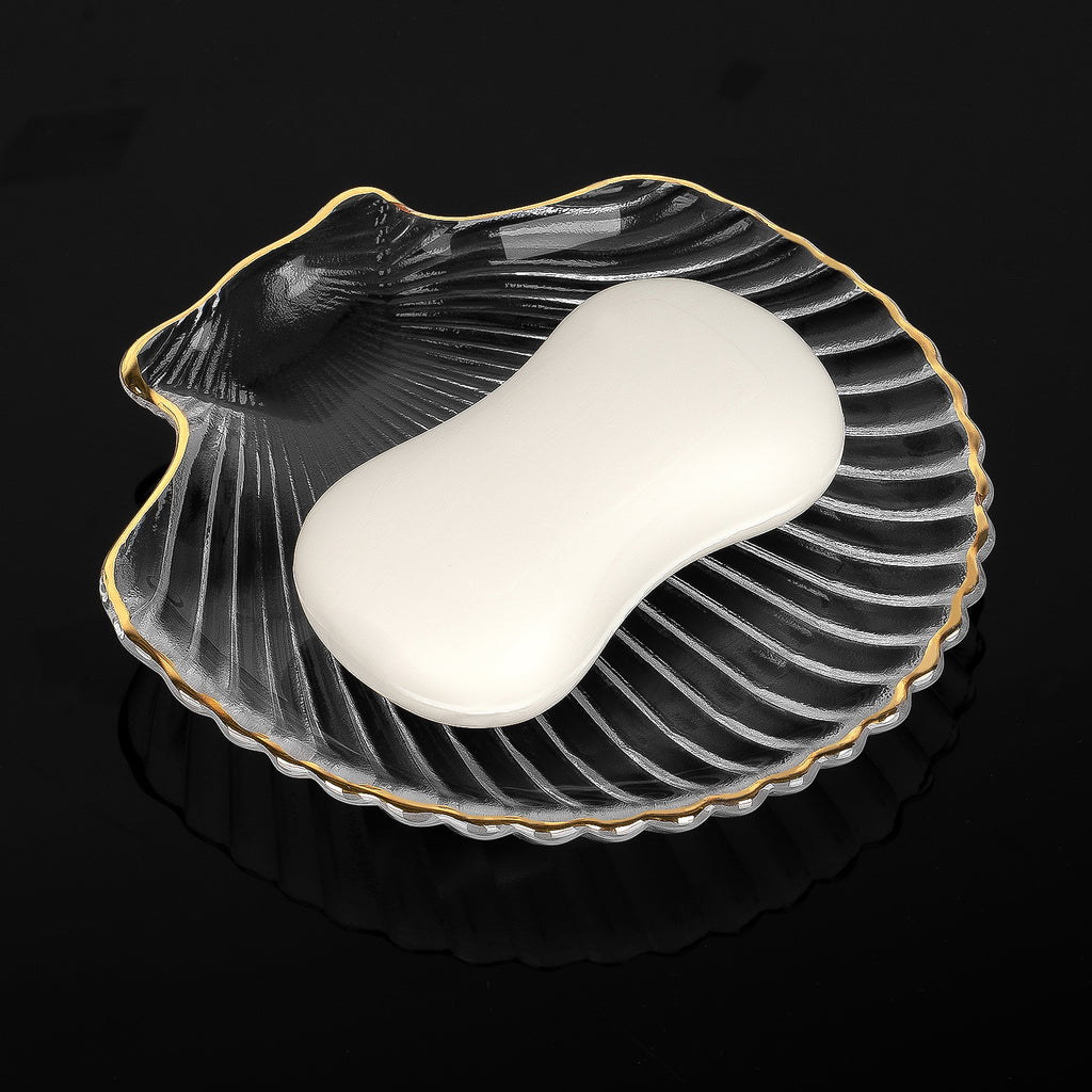 Linkidea Clear Glass Soap Dish Tray with Gold Trim, Elegant Sea Shell Design for Bathroom Decor, Cleanser Holder for Vanity, Countertop, Sink