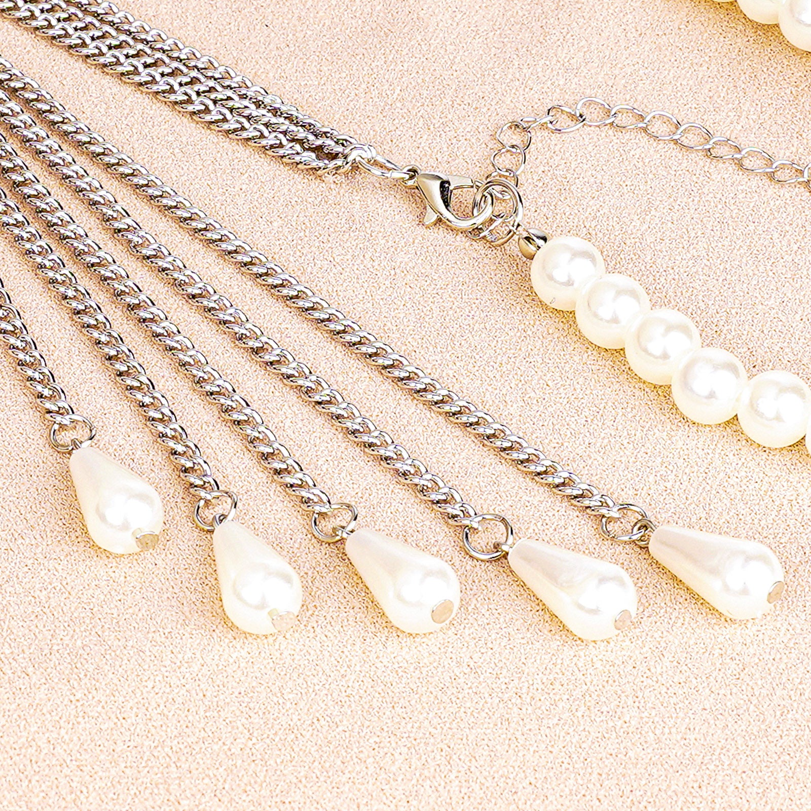 Plus Size Chain Belt for Women, Silver Color and White Faux Pearl Waist Chains, Extra Long Body Chain, 47-59 Inch Adjustable Chunky Belt Chain