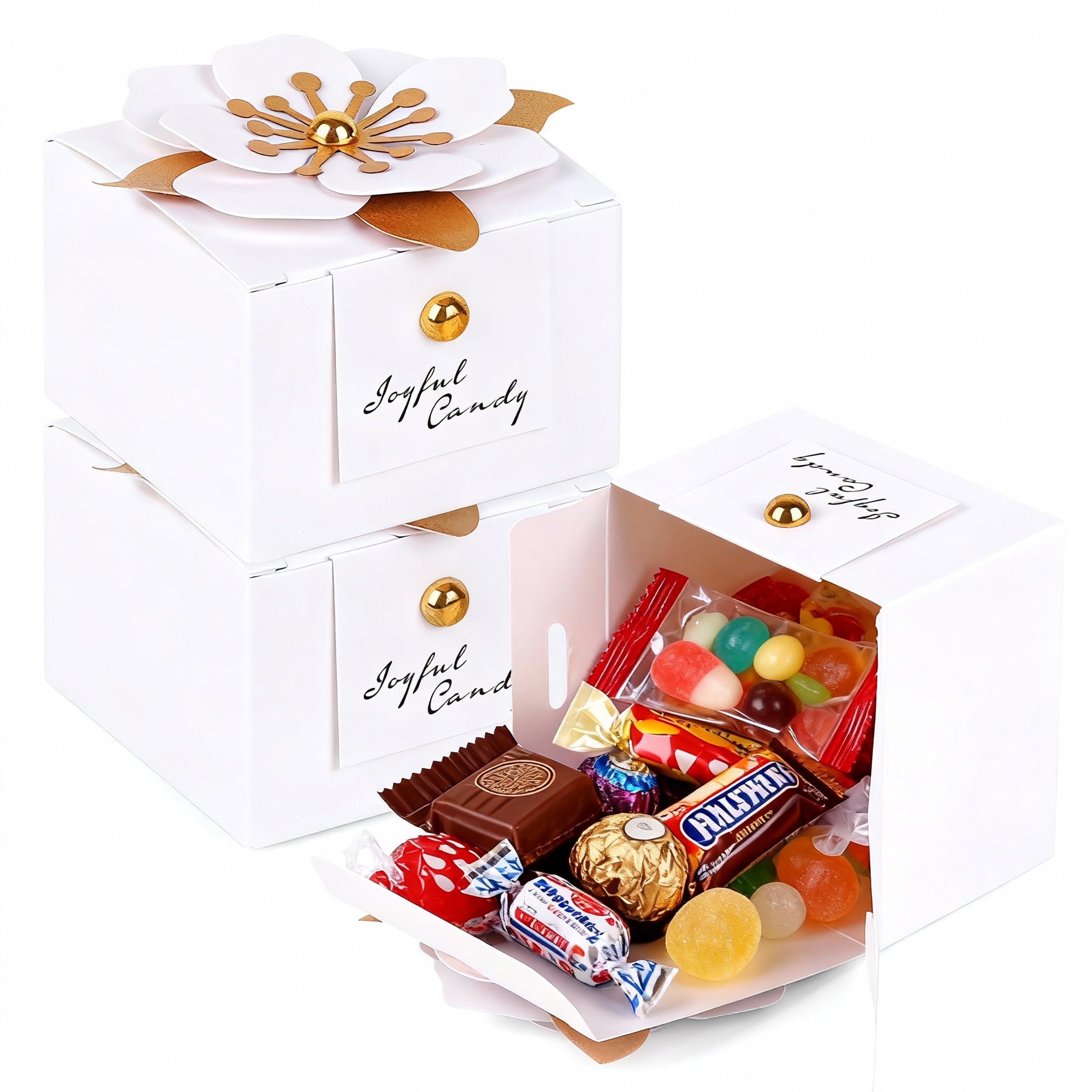 Linkidea 20 Pcs White Floral Folding Candy Gift Boxes 2.55" x 2.55" x 1.77" for Wedding Favors, Elegant Party Thank You Boxes with Tags