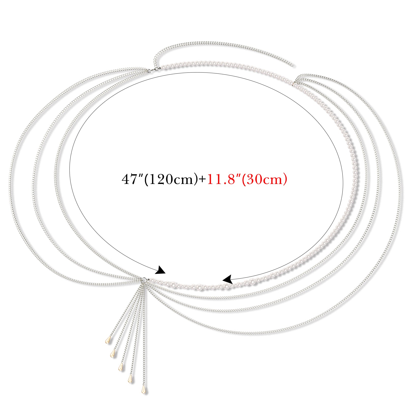 Plus Size Chain Belt for Women, Silver Color and White Faux Pearl Waist Chains, Extra Long Body Chain, 47-59 Inch Adjustable Chunky Belt Chain