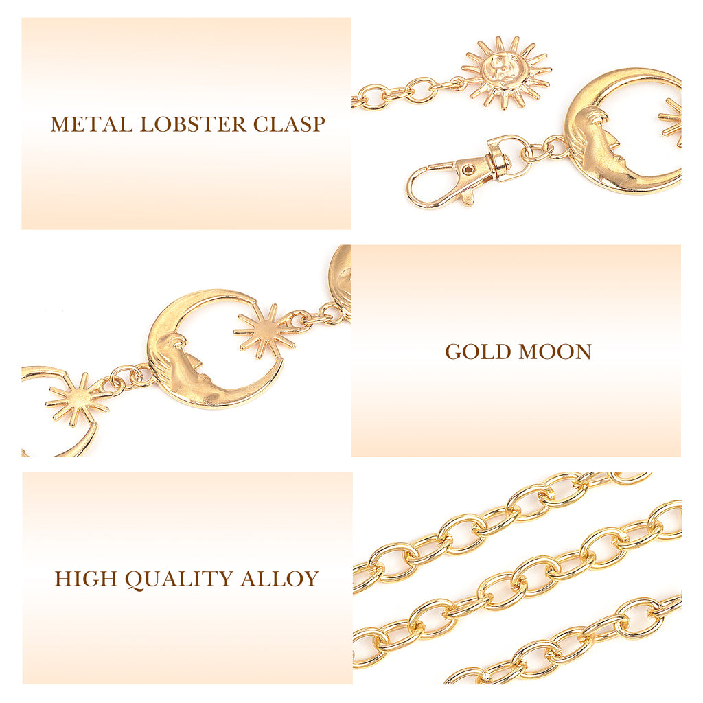 Women's Chain Belt, 2 Pack Metal Waist Chains, Adjustable Belly Belt with Moon Style, Fits 21.6-43.3 in Waist, 51.2 in Total Length