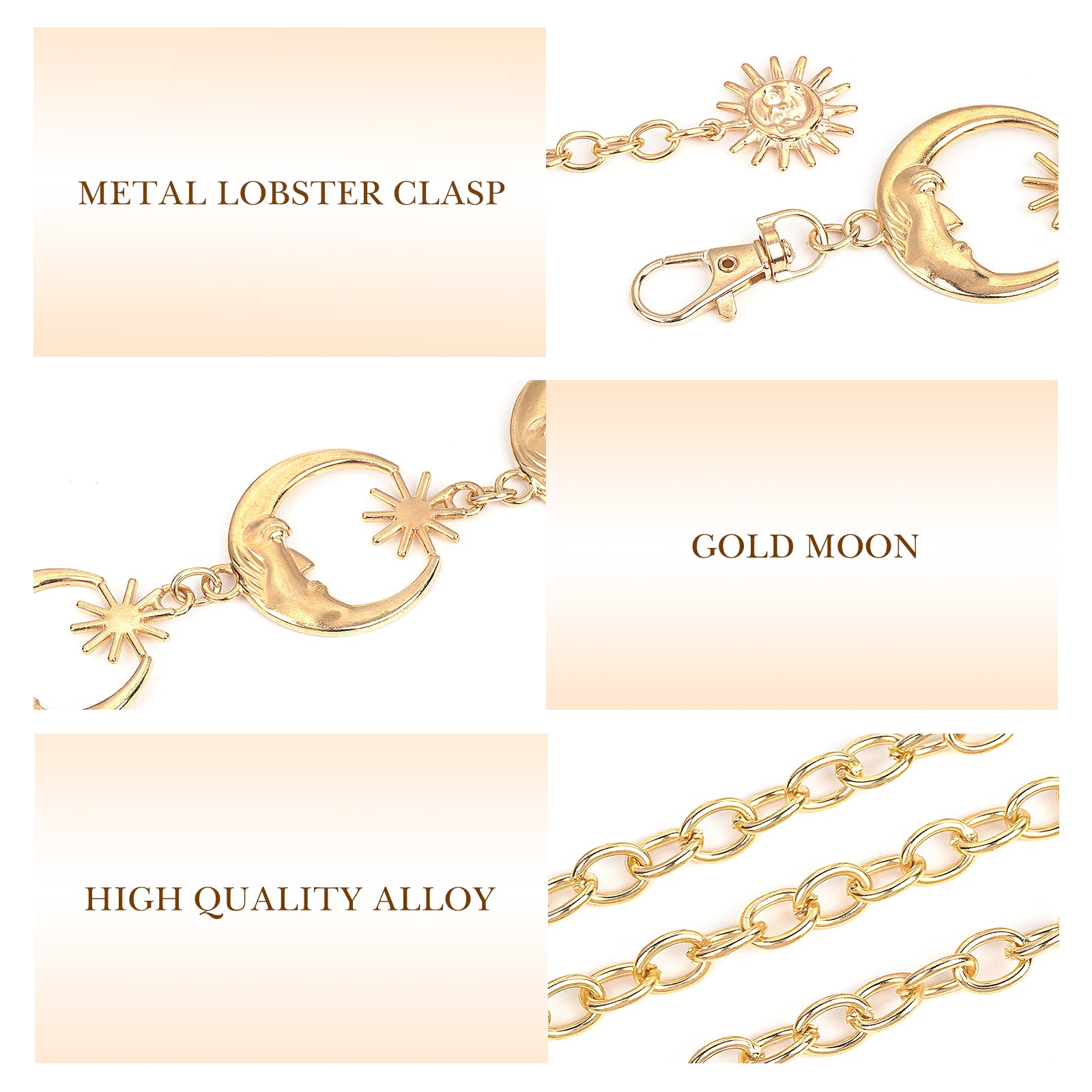 Women's Chain Belt, 2 Pack Metal Waist Chains, Adjustable Belly Belt with Moon Style, Fits 21.6-43.3 in Waist, 51.2 in Total Length