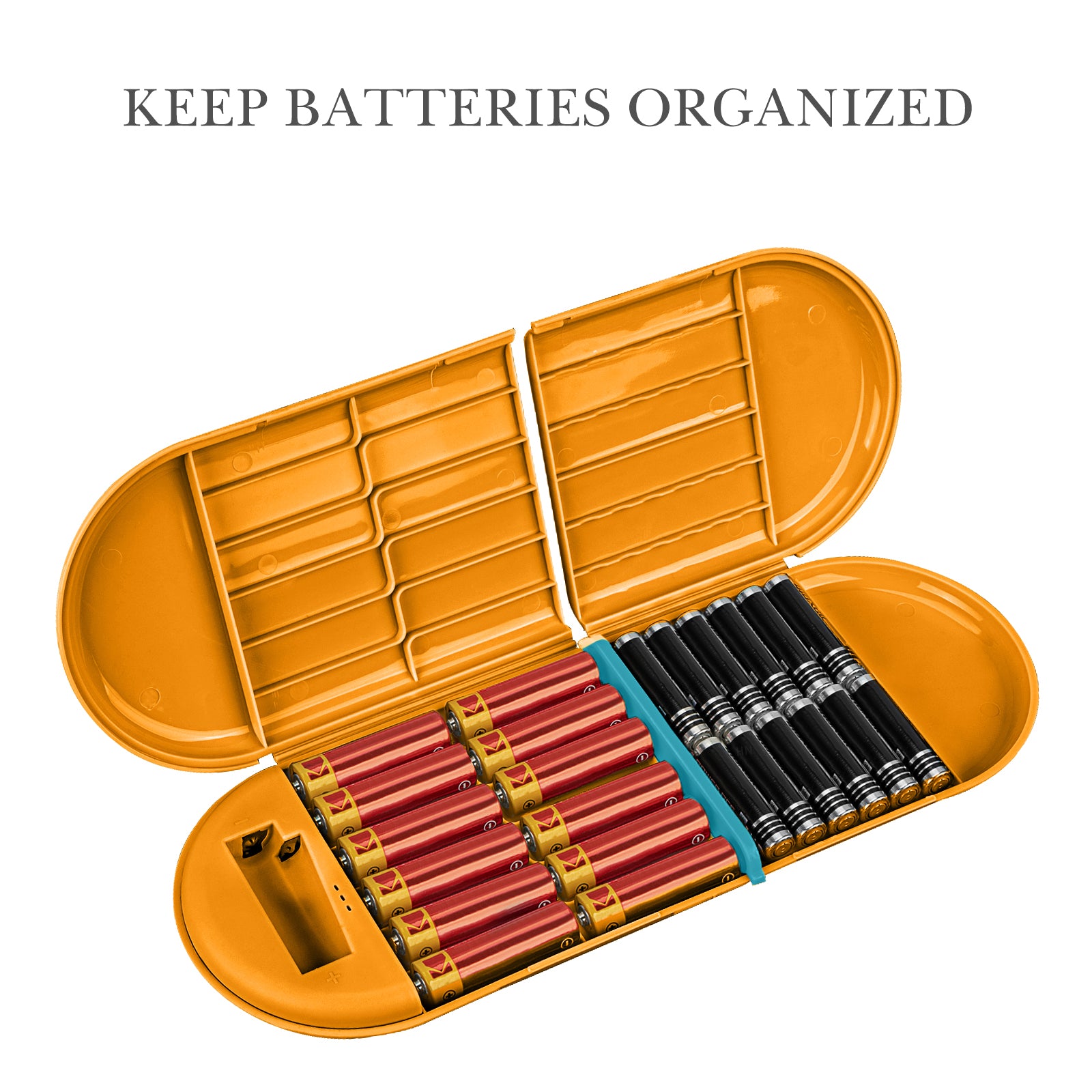 Linkidea Battery Storage Case with Tester, Portable Batteries Case Compatible with 12 AA, 12 AAA, Button Cells, Single Layer Battery Storage Box (Orange)