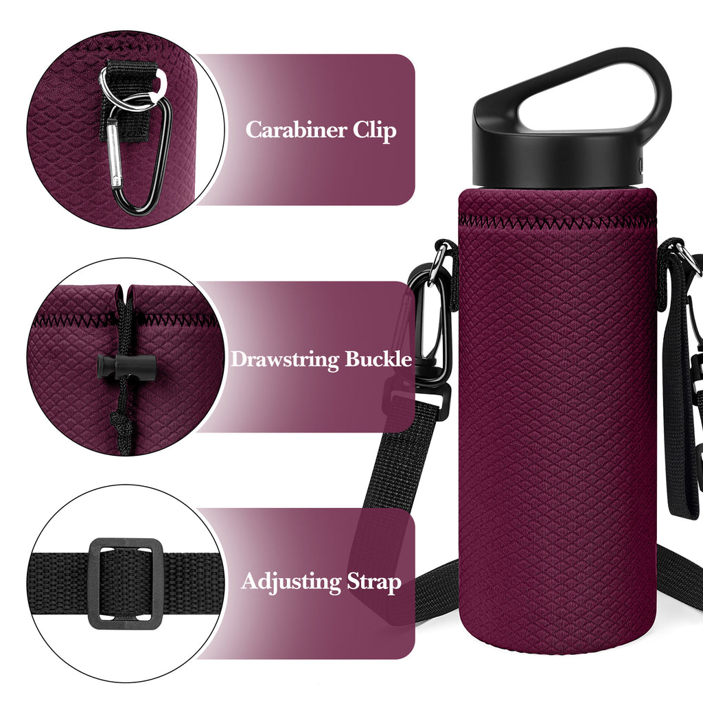 Linkidea Water Bottle Carrier with Shoulder Strap Compatible with Hydroflask Standard Mouth 18oz, CamelBak Carry Cap 20oz,Waterbottle Sling Bag Holder (Wine Red)