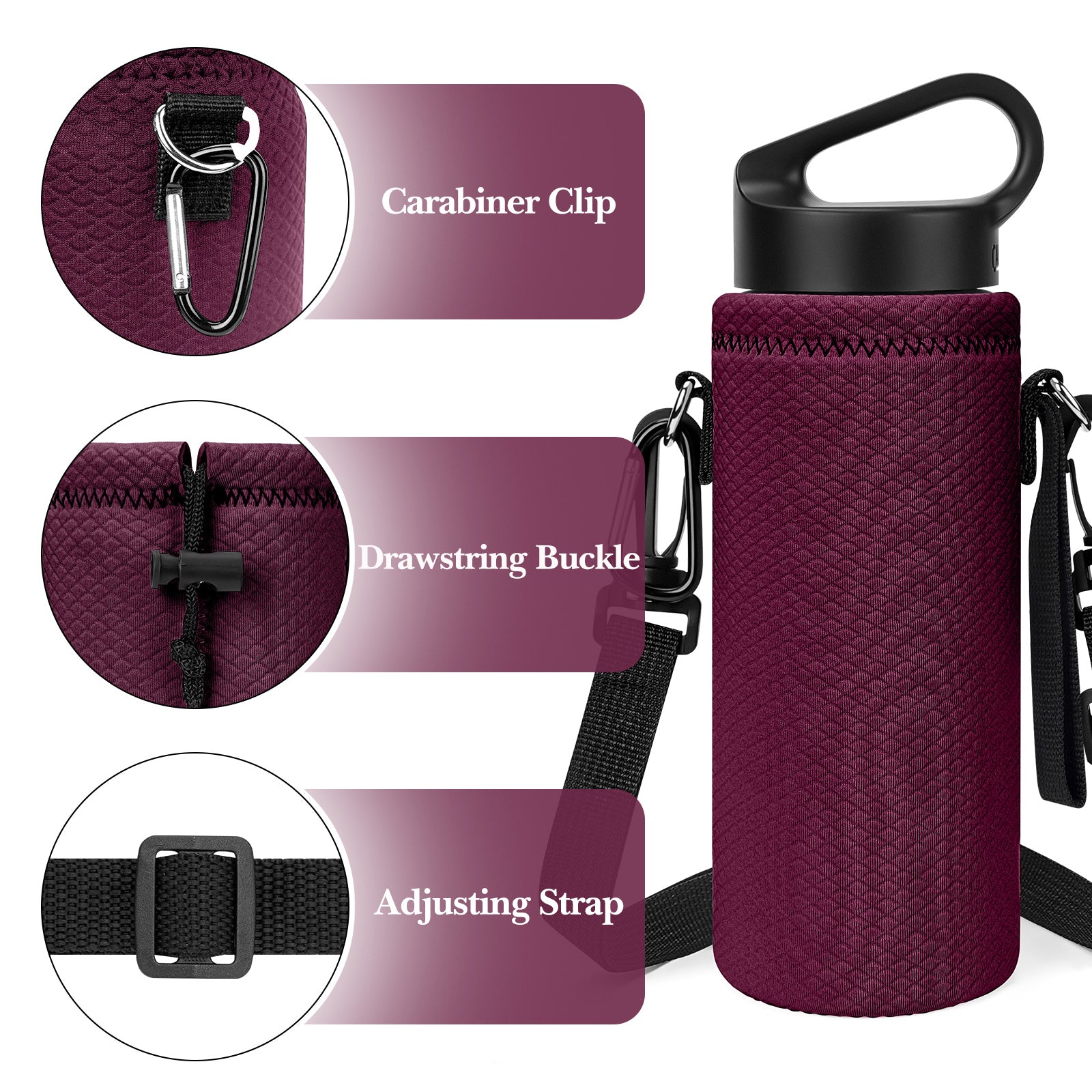 Linkidea Water Bottle Carrier with Shoulder Strap Compatible with Hydroflask Standard Mouth 18oz, CamelBak Carry Cap 20oz,Waterbottle Sling Bag Holder (Wine Red)