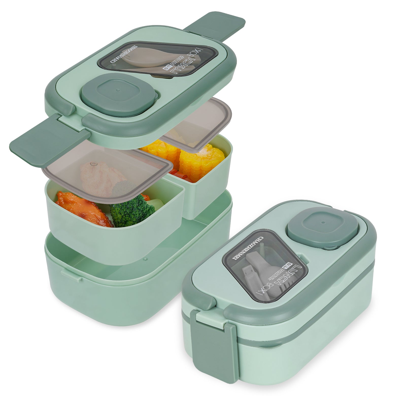 Linkidea 2 Pack Salad Container for Lunch, Reusable Food Container with 2 Layers 3 Compartments and Flatware, Food Box with Leak-Proof Cover Fits to Microwave/Dishwasher/Freezer Safe (Green)
