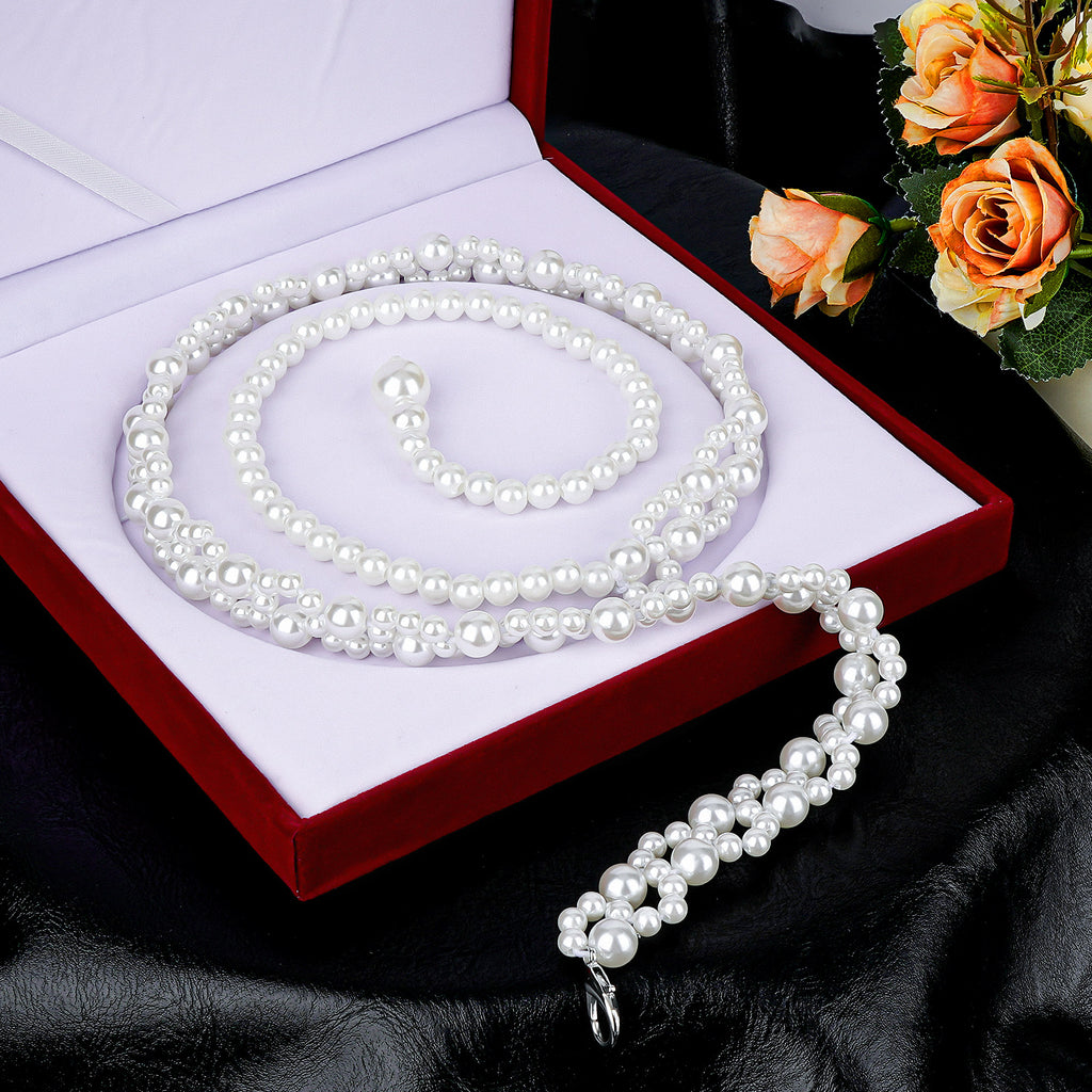 Plus Size Chain Belt for Women, White Pearl Stretchable Extra Long Body Chain, 41 Inch Max Flexible Adjustment Fashion Jewelry Accessory