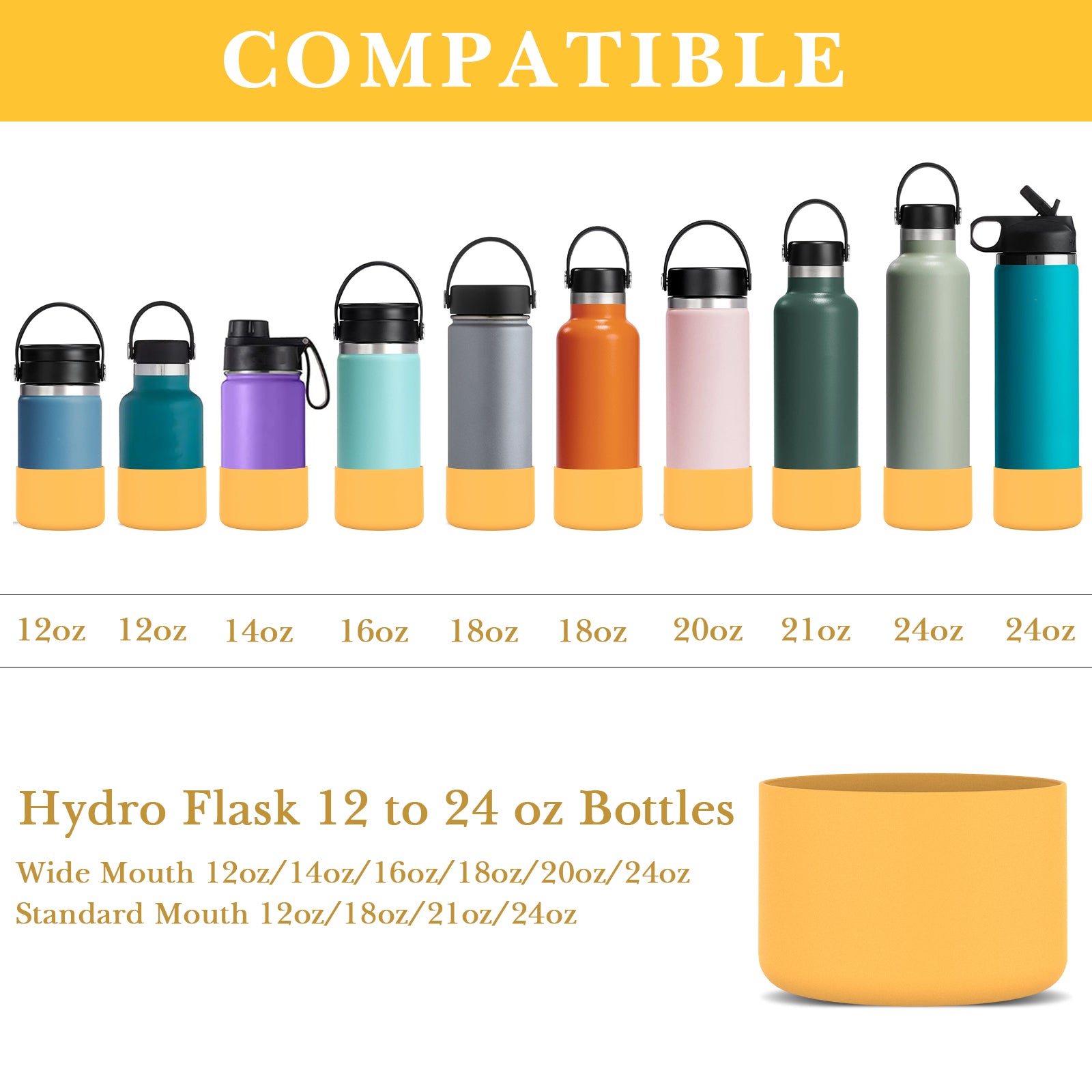 Linkidea 2 Pack Water Bottle Boot Compatible with Hydro Flask Wide Mouth Bottle 12oz/14oz/16oz/18oz/20oz, Silicone Bottle Bottom Sleeve Bumper Protector (York Yellow)