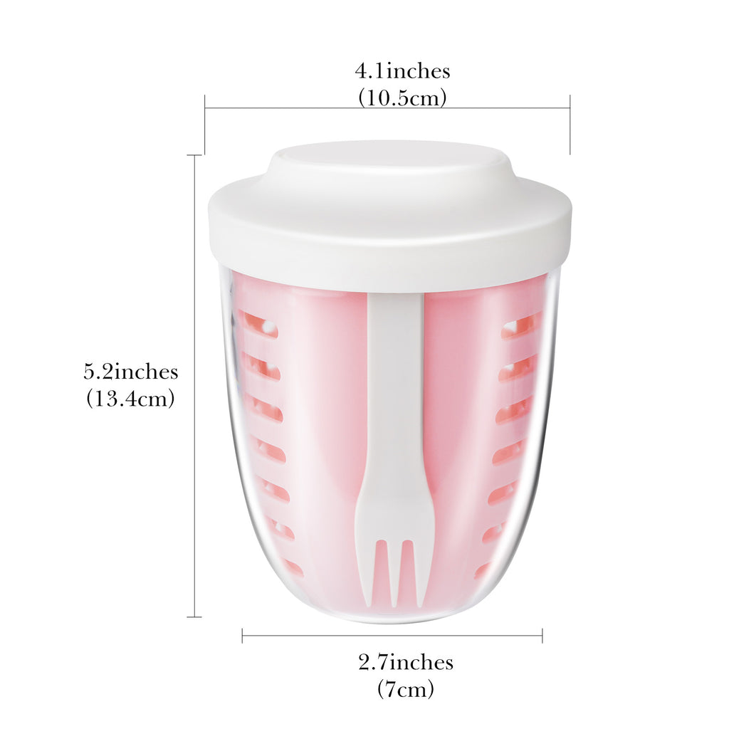 Linkidea Fruit Salad Travel Container With Colander, 21 oz Leak-Proof Plastic Salad Lunch Storage Container with Spoons and Lids, Fruit, Vegetable Portable Cup for Work, Picnic (Pink)