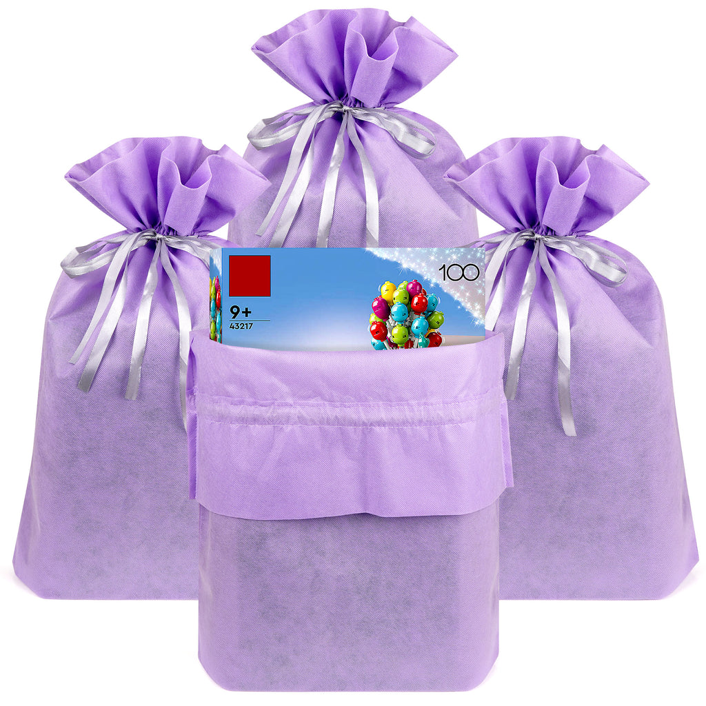 Linkidea 4 Pack Reusable Drawstring Gift Bags, Fabric Party Favor Bags for Birthday, Christmas & Holiday, Toy Storage Pouch for Building Blocks, Bricks & Goodie Bags (Purple)