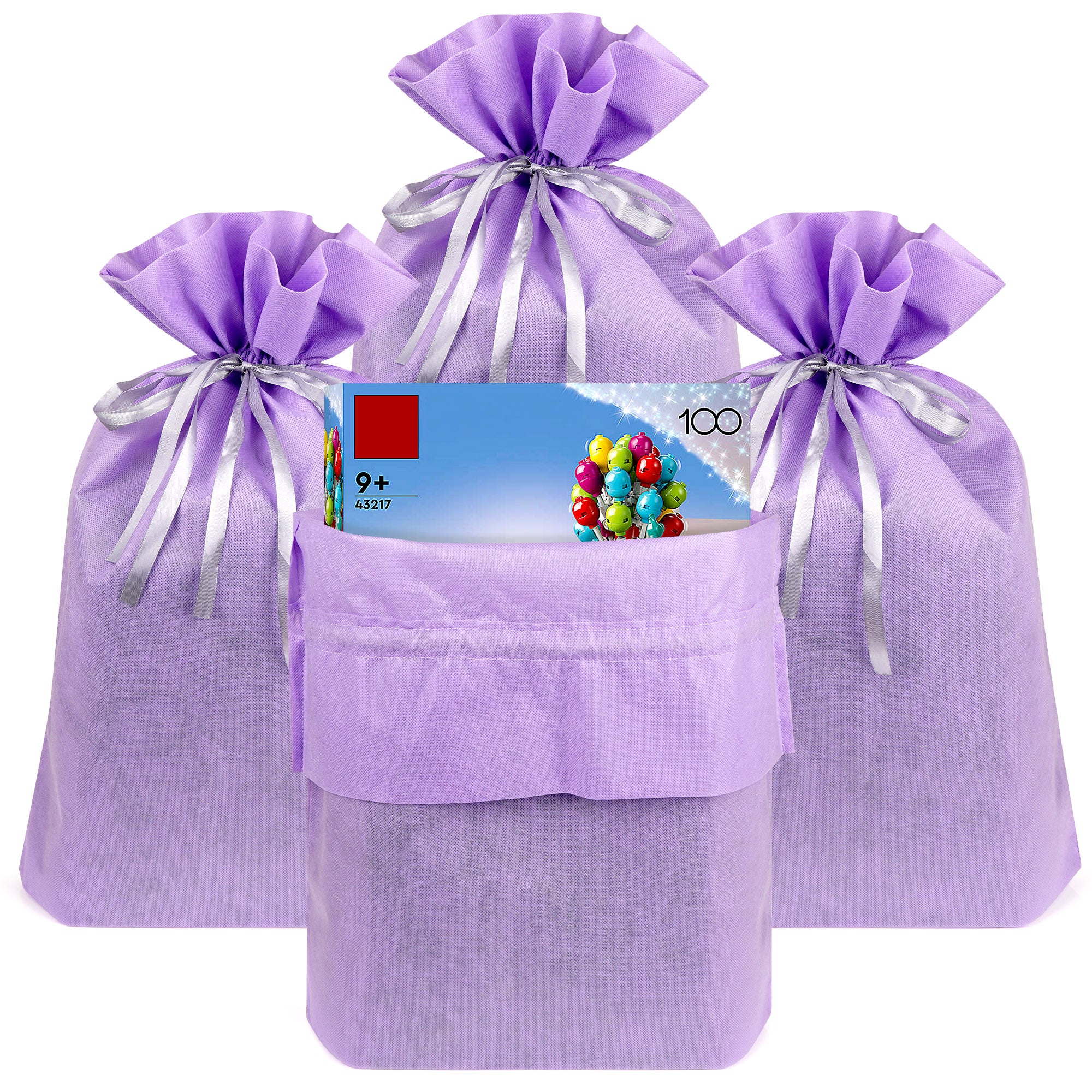 Linkidea 4 Pack Reusable Drawstring Gift Bags, Fabric Party Favor Bags for Birthday, Christmas & Holiday, Toy Storage Pouch for Building Blocks, Bricks & Goodie Bags (Purple)