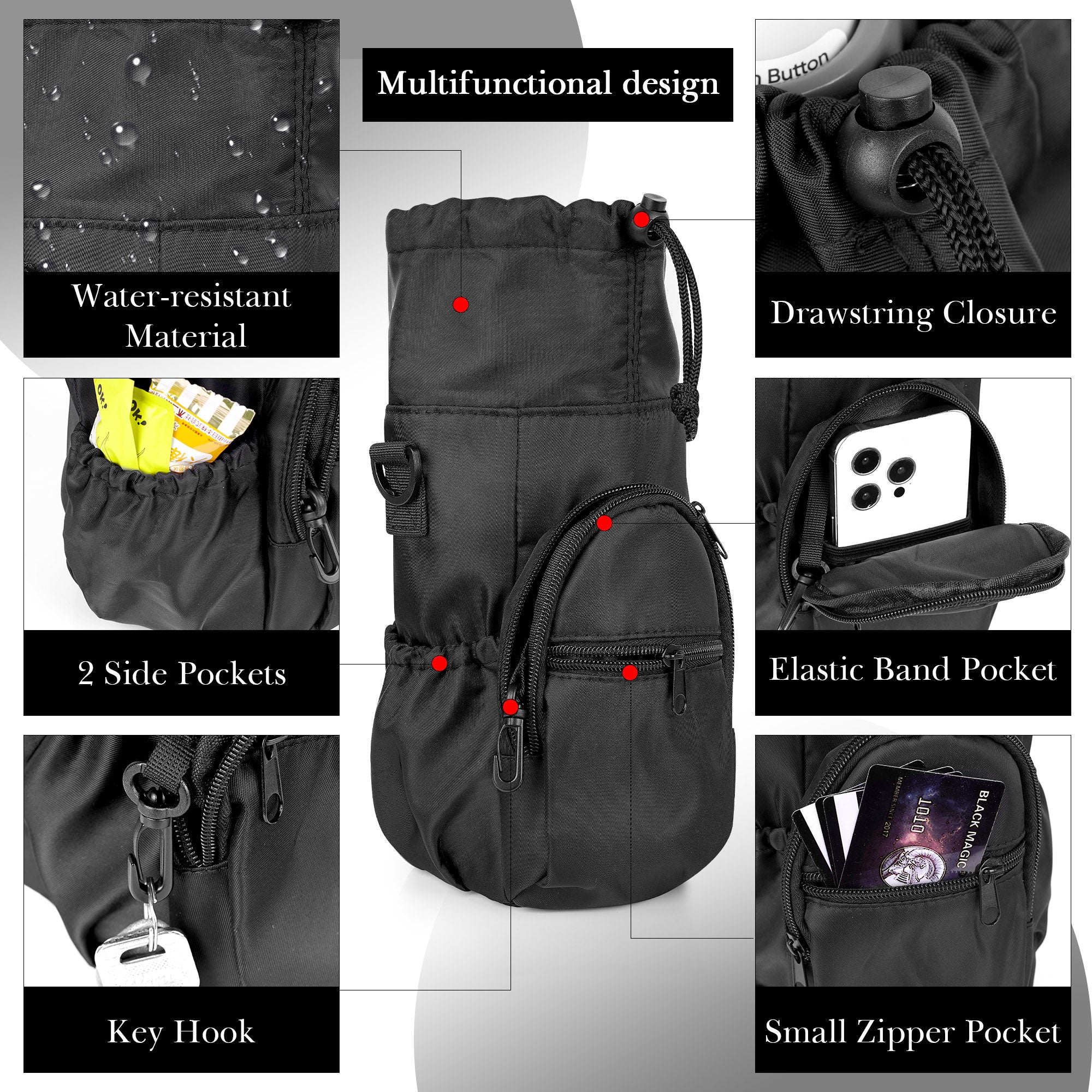 Linkidea Sports Water Bottle Carrier with Strap Compatible with Camelbak Chute Mag 50oz, Insulated Waterbottle Sling Bag Holder, Shoulder Strap with Phone Pocket (Black)