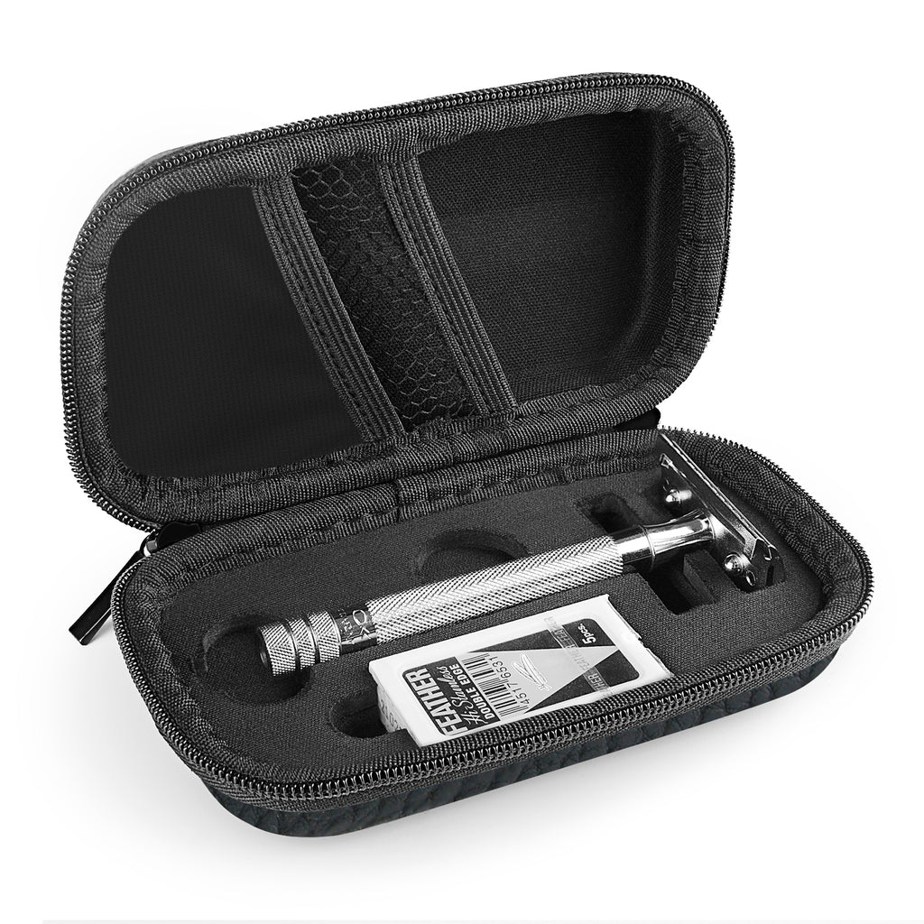 Linkidea Hard Travel Case Compatible with Vikings, Merkur, Shaving Revolution Double Edge Safety Razor, Storage Box Organizer for Safety Razor & Shaving Attachments (Lychee Vegan Leather)