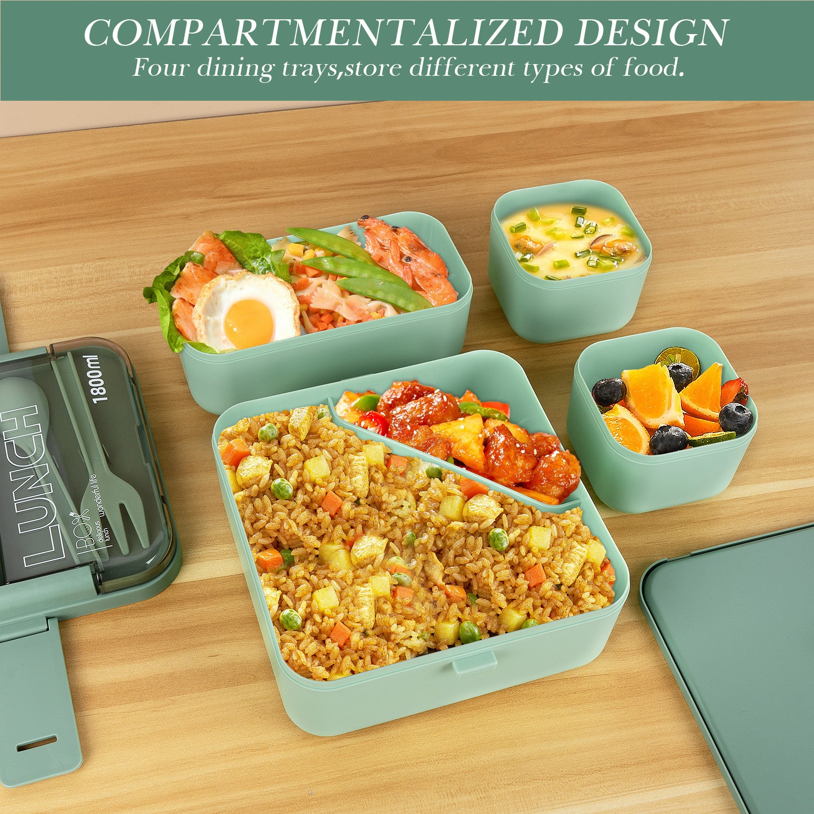 Linkidea Bento Box with Lunch Bag, Reusable Food Container with Double Layer Multi Compartment and Flatware, Food Box with Leak-Proof Cover Fit to Microwave/Dishwasher/Freezer Safe (1800ML, Green)