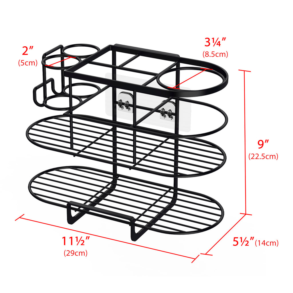 Linkidea Hair Tool Organizer with Hook, Self Adhesive Hair Dryer Holder for Bathroom, Blow Dryer Styling Tool Storage Basket for Bedroom (Black)