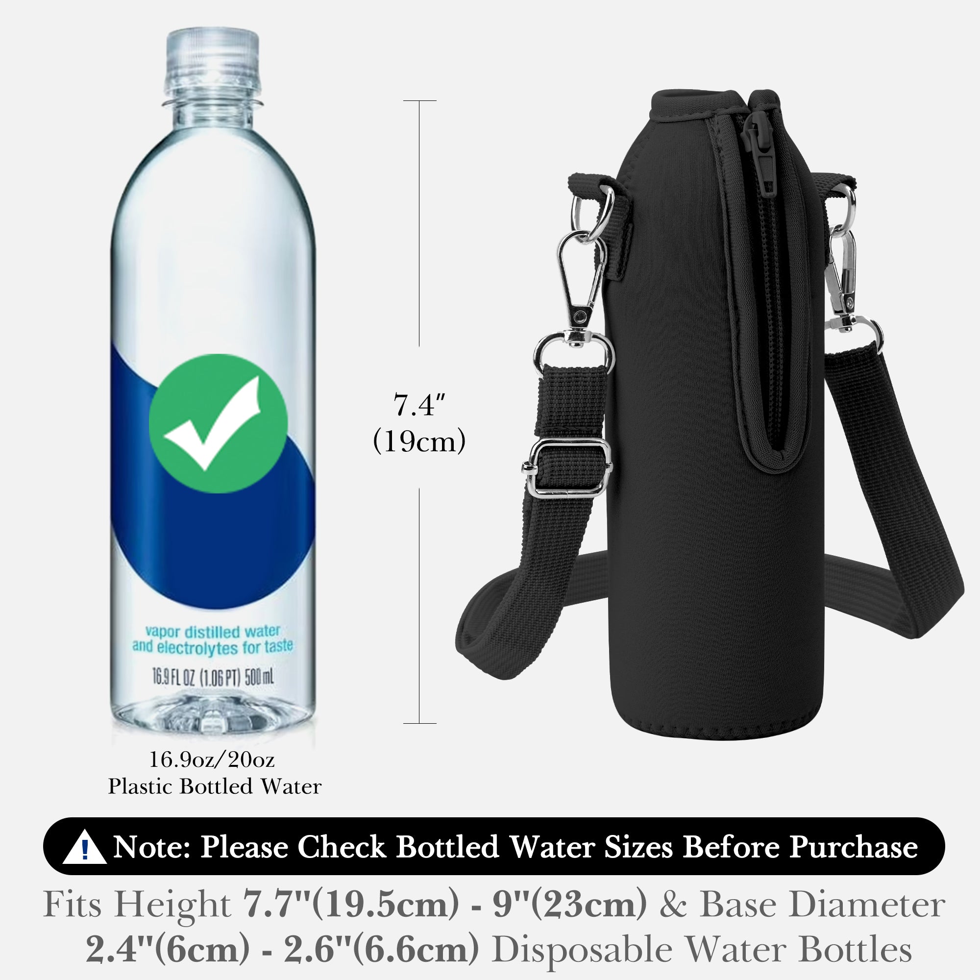 Linkidea Disposable Water Bottle Carrier with Strap Compatible with Smartwater 16.9/20Fl Oz, Evian, Insulated Neoprene Plastic Bottled Water Cover with Clip for Backpack (Black)