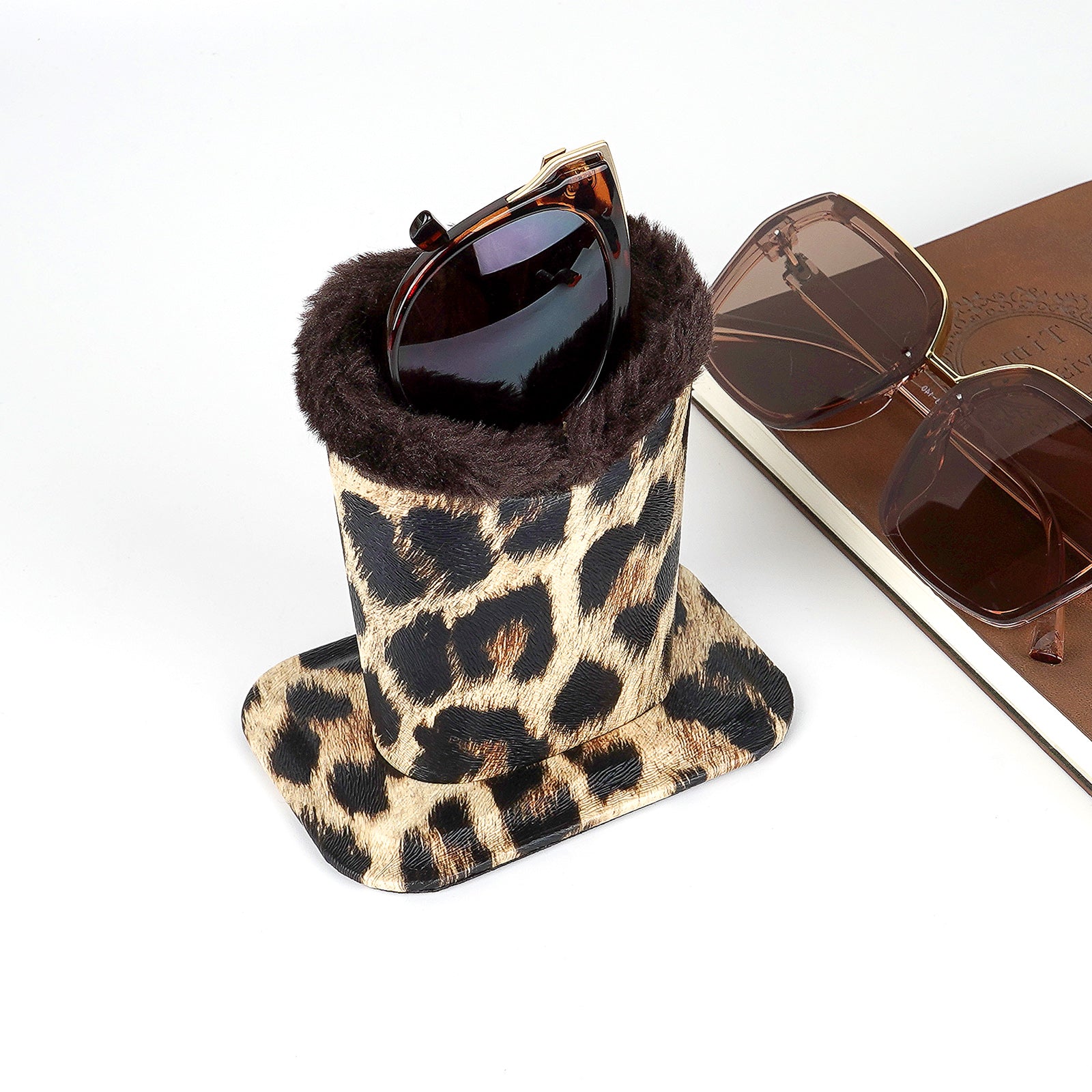 Sunglasses Desk Holder Stand, 2 Pack Plush Lined Oversized Eyewear Display Storage Compatible with Gucci GG0876S GG0875S VERSACE VE4395 VE2230B (Leopard)