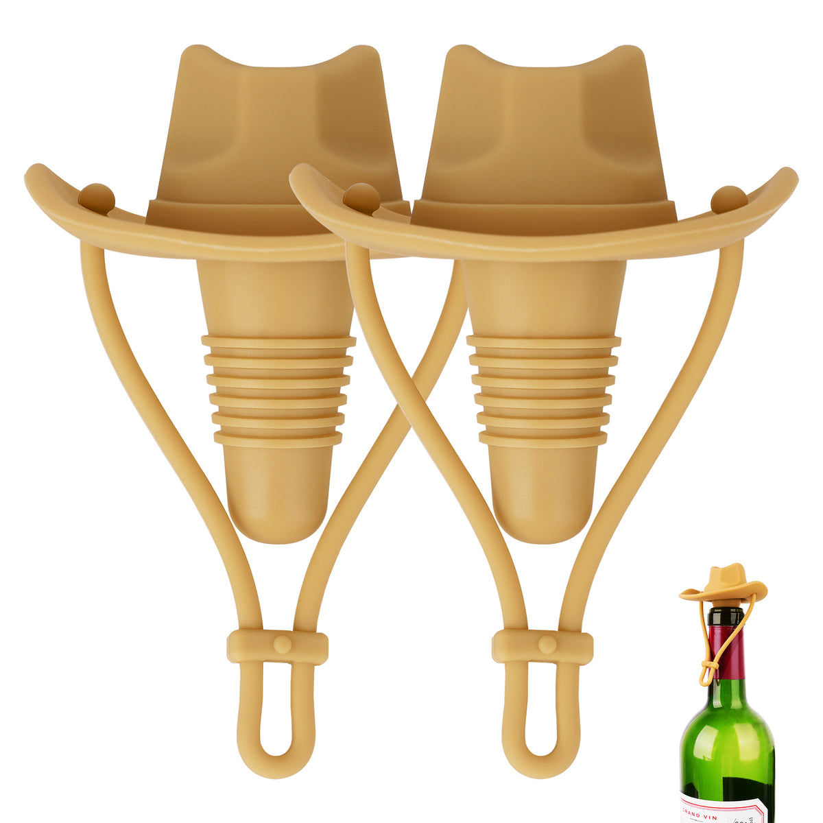 Linkidea 2 Pack Silicone Cowboy Style Bottle Stoppers, Reusable Fun Cap Sealers to Keep Drinks Fresh, Unique Gifts for Boyfriend, Dad, Friends (Yellow)