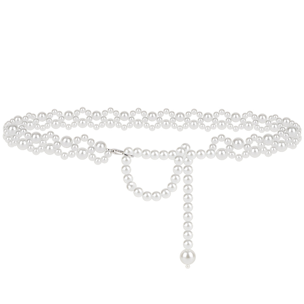 Plus Size Chain Belt for Women, White Pearl Stretchable Extra Long Body Chain, 41 Inch Max Flexible Adjustment Fashion Jewelry Accessory