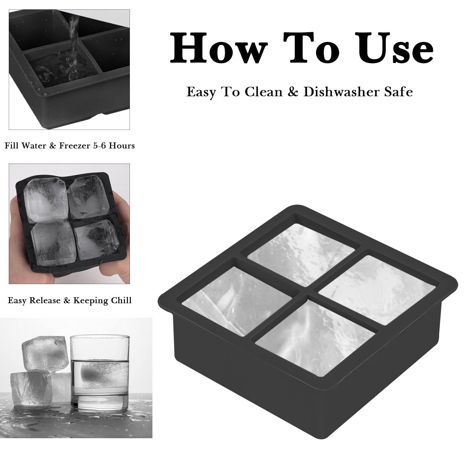 Extra Large Ice Cube Mold with Lid, 2 Pack Silicone Ice Cube Freezer Trays, 2 Inch Giant Ice Cube Molds for Whiskey Bourbon Cocktails Coffee Soup Ice Cubes Tray, Black