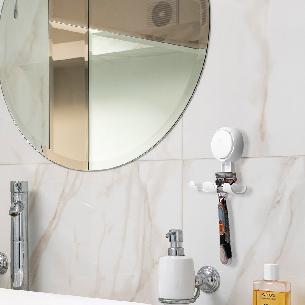 Linkidea 2 Pack Razor Holder for Shower Wall, Suction Cup Hooks Razor Holder, Removable and Reusable Shower Razor Holder , Compatible with Gillette Fusion 5 Power, Dorco, Harry's (White)