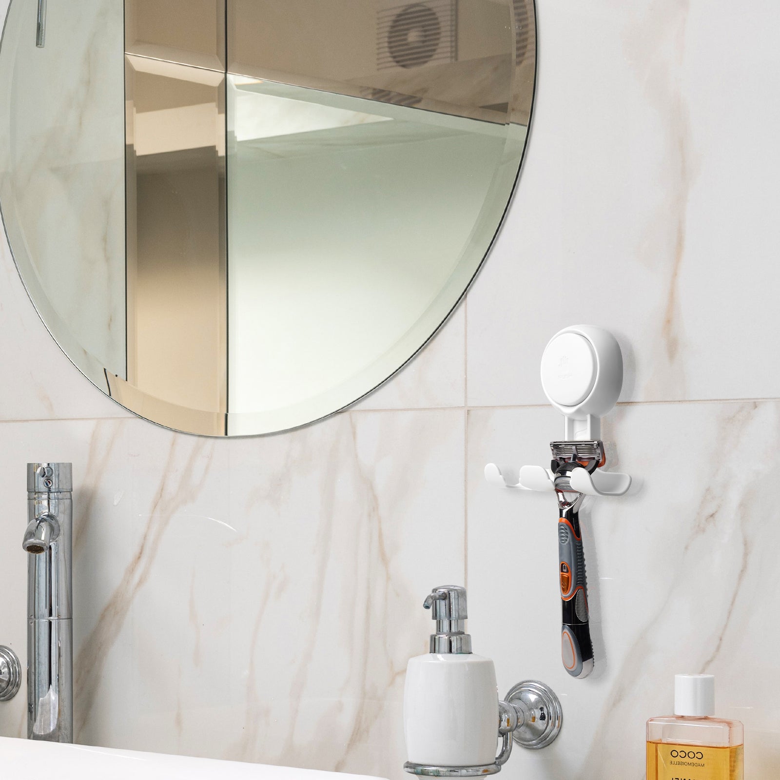 Linkidea 2 Pack Razor Holder for Shower Wall, Suction Cup Hooks Razor Holder, Removable and Reusable Shower Razor Holder , Compatible with Gillette Fusion 5 Power, Dorco, Harry's (White)