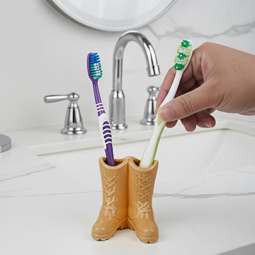 Linkidea Countertop Toothbrush Holder for Bathroom, Unique Ceramic Single Slot Vanity Stand, Compatible with Oral-B CrossAction, Colgate Renewal Manual Toothbrush (Brown)
