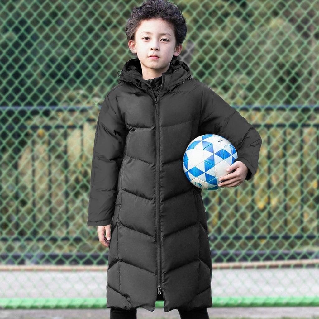 Kids Bench Jacket, Child Bench Parka, Youth Soccer Training Extra Long Jacket, Quilted Windproof Sports Outwear, Hooded Stadium Coat, Keep Legs Warm in Cold Weather (Black, Size Medium)