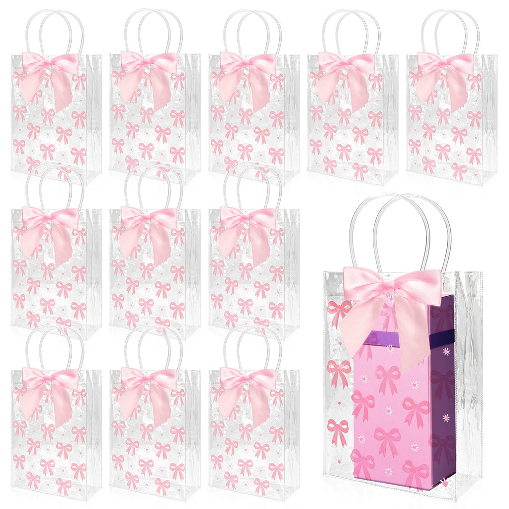 Linkidea 12 Pack Clear Gift Bags with Handles, Pink Ribbon Bows and Adhesive Dots, Gift Wrapping Bags for Party Favors, Weddings, Birthdays, Baby Showers and Celebrations