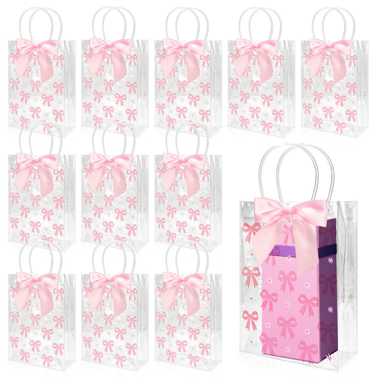 Linkidea 12 Pack Clear Gift Bags with Handles, Pink Ribbon Bows and Adhesive Dots, Gift Wrapping Bags for Party Favors, Weddings, Birthdays, Baby Showers and Celebrations
