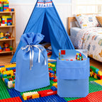 Linkidea 4 Pack Reusable Drawstring Gift Bags, Fabric Party Favor Bags for Birthday, Christmas & Holiday, Toy Storage Pouch for Building Blocks, Bricks & Goodie Bags (Blue)