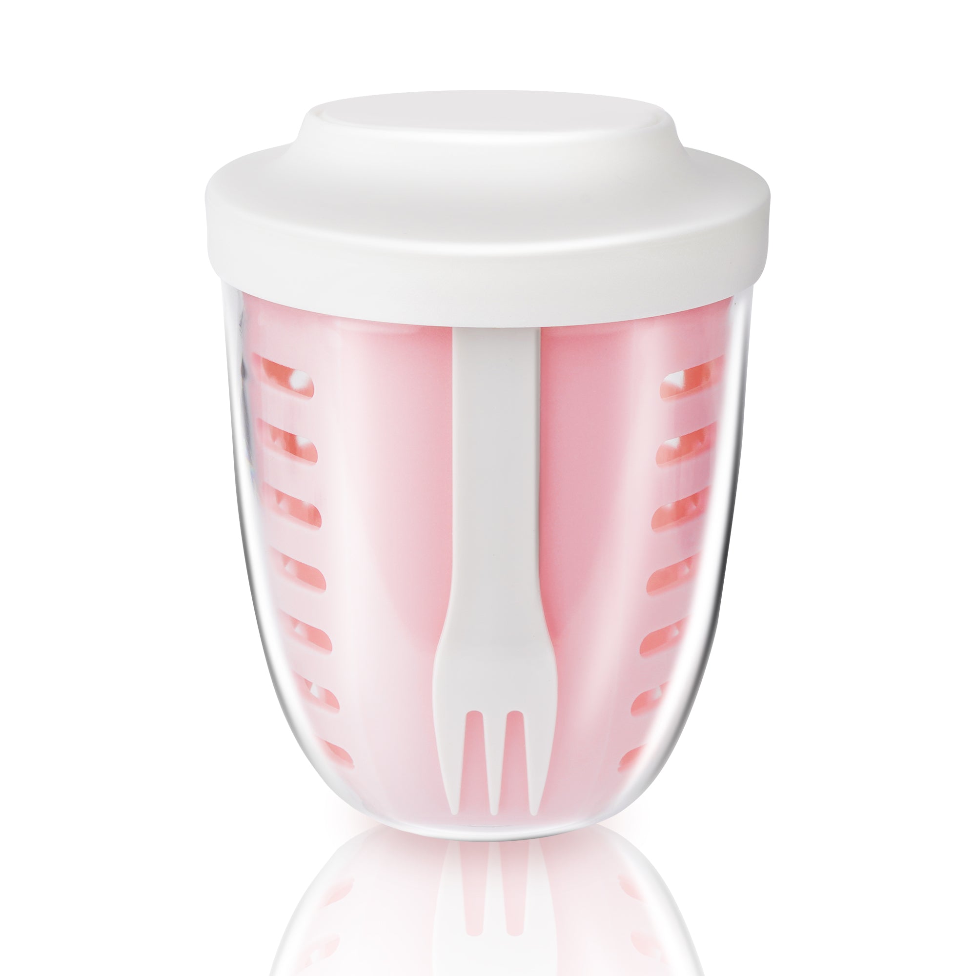 Linkidea Fruit Salad Travel Container With Colander, 21 oz Leak-Proof Plastic Salad Lunch Storage Container with Spoons and Lids, Fruit, Vegetable Portable Cup for Work, Picnic (Pink)