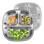 Linkidea 2 Pcs Stainless Steel Portion Control Plate, 3 Compartments Divided Plate with Lid, Durable Meal Prep Pan for Adults Suitable for Diet Food Control, Camping Use