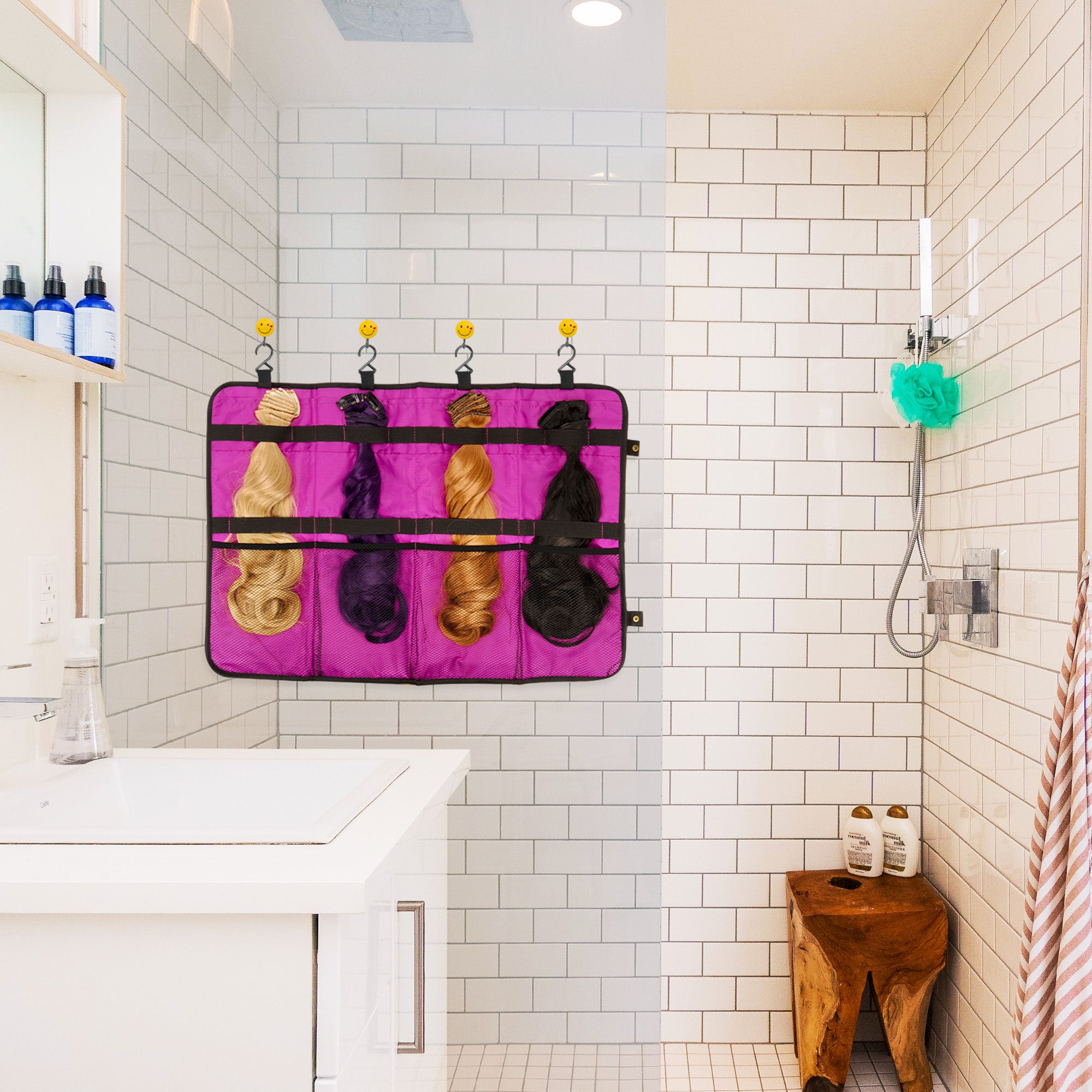 Linkidea Hair Extension Hanger with Storage Bag, 27.1-Inch Travel Hairpiece Holder Organizer, 4-Hook Large Capacity Carrier for Wigs, Weaves, Clip In Extensions, Bundles, Black
