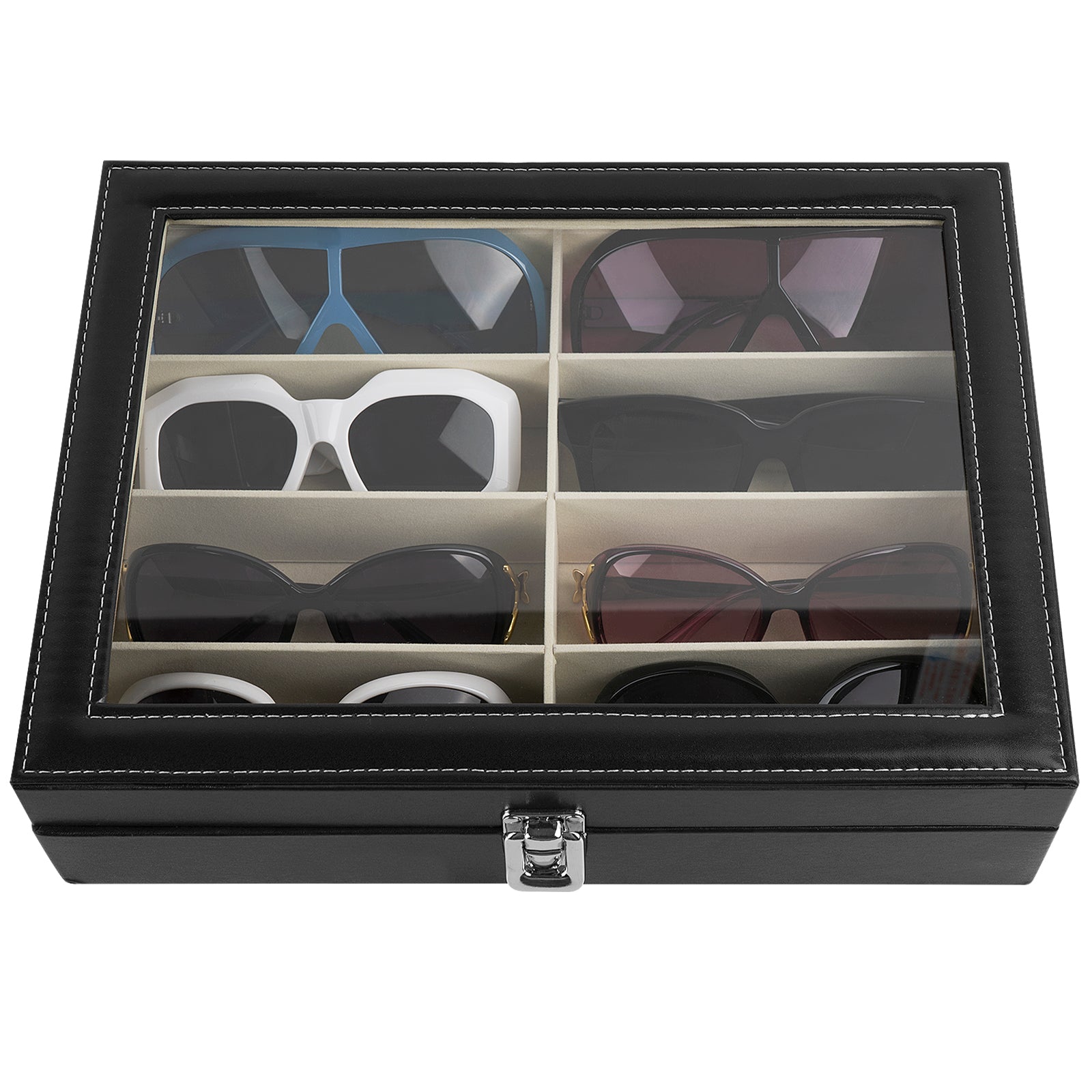 Sunglass Organizer for Extra Large Sunglasses, 8 Slot Glass Top Lidded Sunglass Storage Box, Eyewear Collector Display Case Compatible with Gucci GG0876S GG0875S