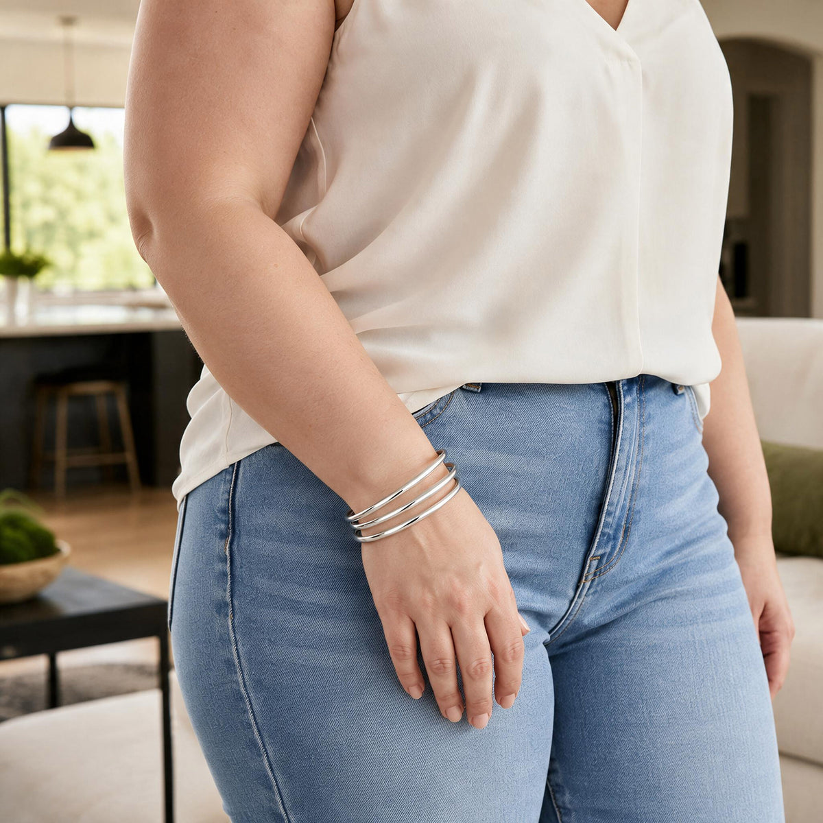 Plus Size Bangle Bracelets Set for Women, Set of 6 Stainless Steel Extra Large Round Gold & Silver Bangles Fashion Accessories, 8.6 Inches (L)