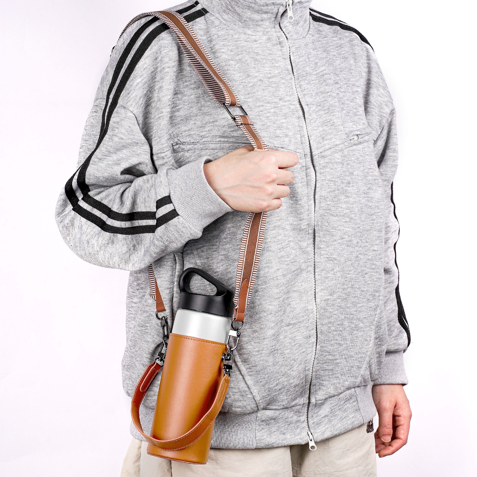 Linkidea Vegan Leather Water Bottle Carrier with Strap Compatible with CamelBak Carry Cap, Waterbottle Sling Bag Holder with Adjustable Shoulder Strap, Brown