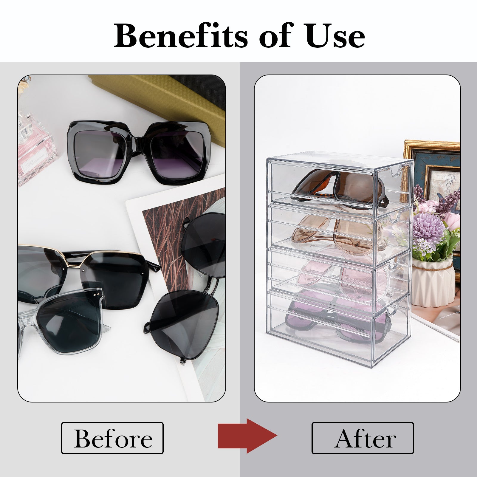 Acrylic Sunglasses Organizer for Extra Large Sunglasses, Sunspecs Holder Display Stand with 4 Drawers, Eyewear Organizer Storage Compatible with Rayban RB4098 RB4191 Persol PO3328S PO3311S