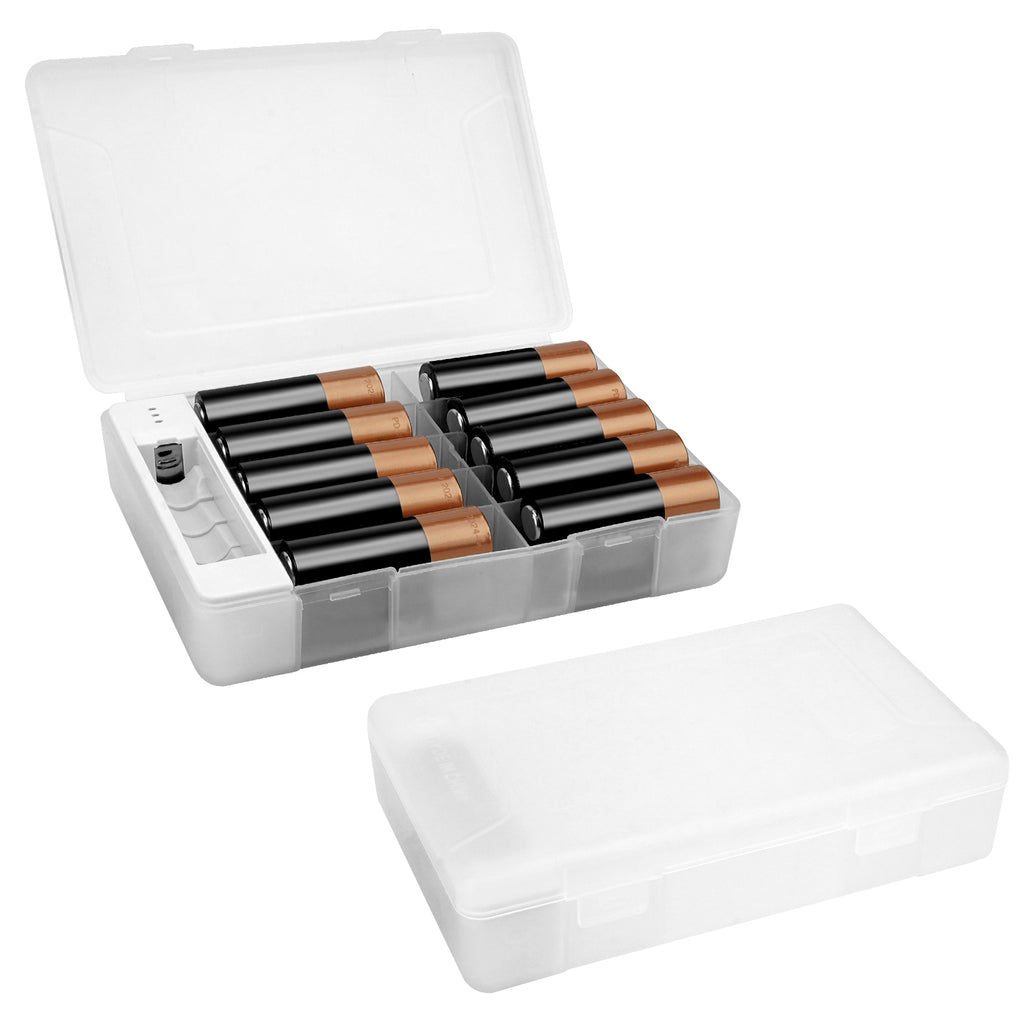 Linkidea 2 Pack Battery Organizer Case with Tester, Portable Holder for 20 AA and 22 AAA Cells, Durable Plastic Storage Box for Travel and Home Use, White