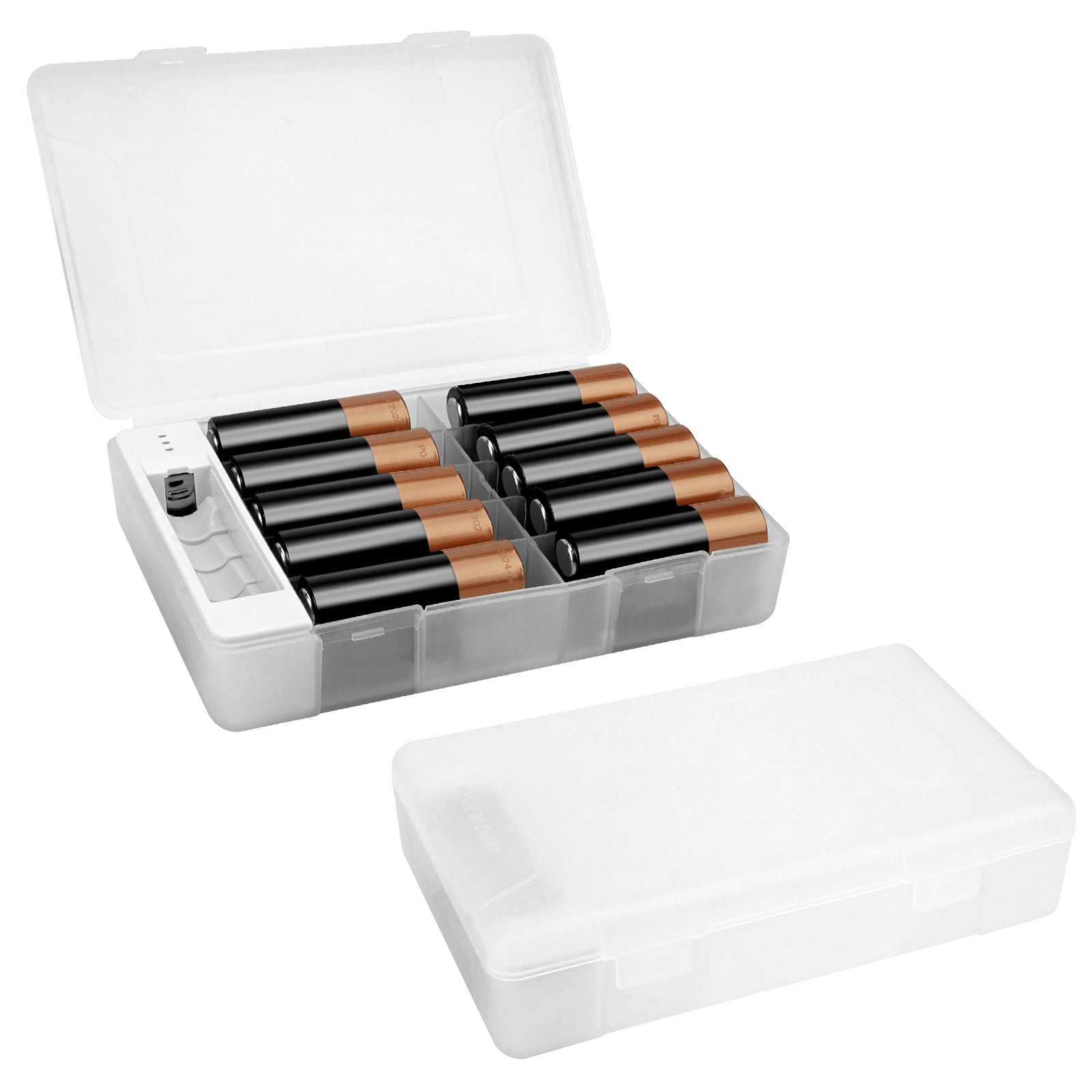 Linkidea 2 Pack Battery Organizer Case with Tester, Portable Holder for 20 AA and 22 AAA Cells, Durable Plastic Storage Box for Travel and Home Use, White