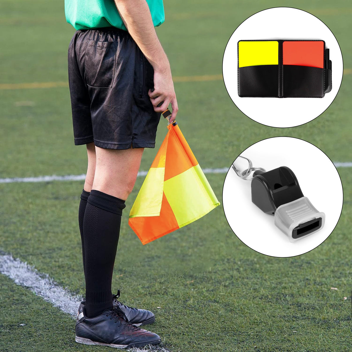 Linkidea Soccer Referee Starter Kit, Checkered Linesman Flags, Referee Cards with Record Book and Pencil, Referee Whistle and Toss Coin for Football