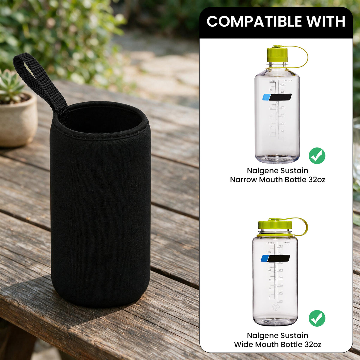 Linkidea Water Bottle Sleeve Compatible with Nalgene Sustain Wide / Narrow Mouth 32oz Bottles, Neoprene Bottle Cover Holder with Hand Strap (Black)