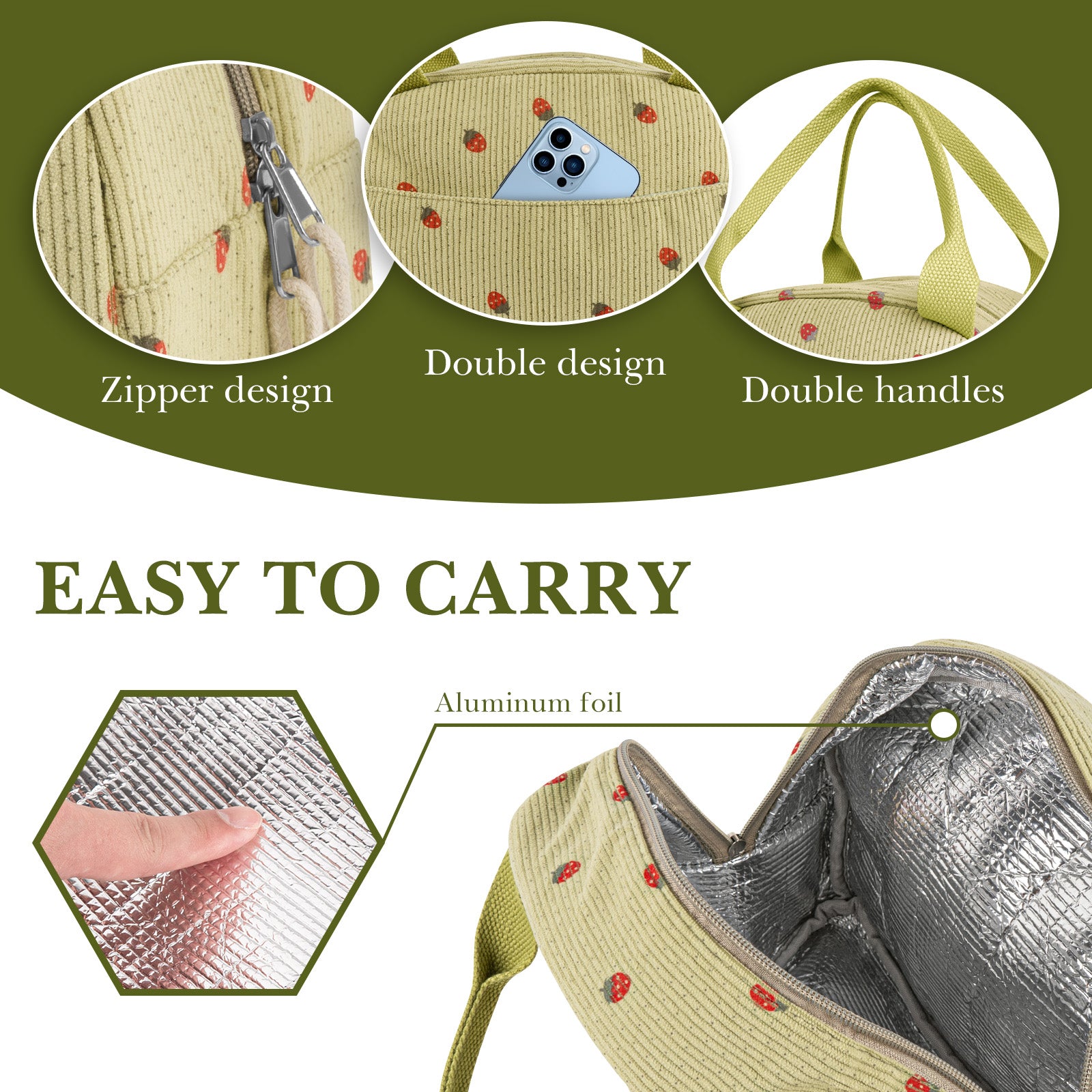 Linkidea Lunch Box for Adult, Corduroy Lunch Bag with Hand Strap, Large Capacity Lunch Bag for Everyday Outings, Compatible with Crock Pot, DUPASU, Aotto, LUNCHEAZE (Green)