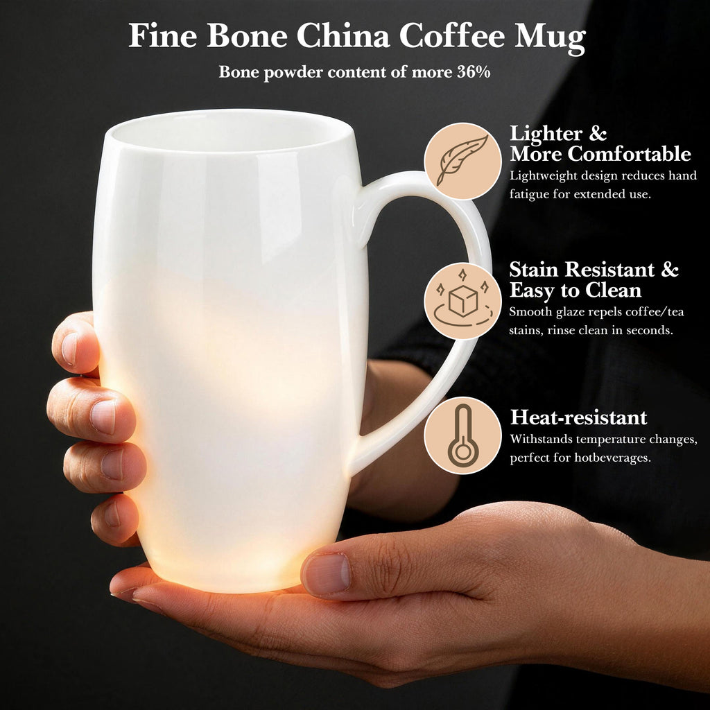 Linkidea 22oz Extra Large Fine Bone China Coffee Mug with Lid, Oversized Coffee Cups with Handles, Big Teacups for Office and Home, Microwave and Dishwasher Safe, White
