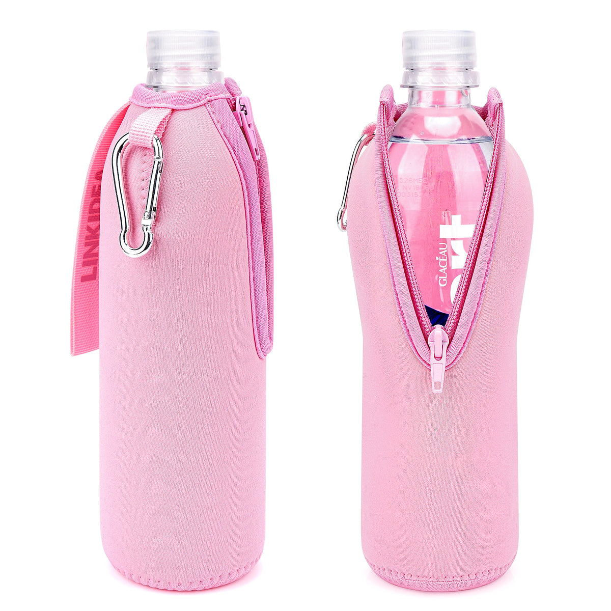Linkidea 2 Pack Disposable Water Bottle Sleeve Compatible with Smartwater 16.9/20 Fl Oz, Evian 16.9 Fl Oz, Insulated Neoprene Bottled Water Cover Holder with Lockable Zipper, Pink
