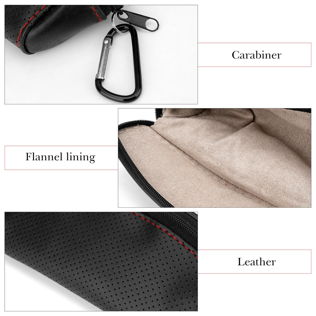 Sunglasses Pouch Bag with Carabiner, Black Vegan Leather Sunwear Storage, Travel Soft Sunglasses Case Holder Compatible with Rayban RB4394M/RB8360M/RB2140/RB2140