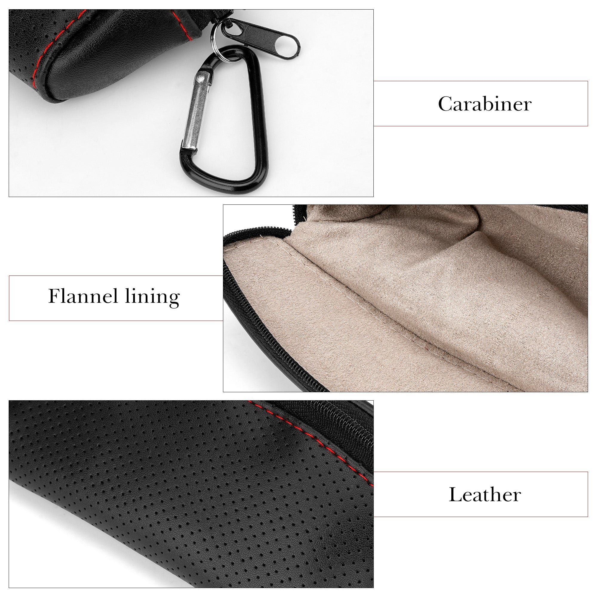 Sunglasses Pouch Bag with Carabiner, Black Vegan Leather Sunwear Storage, Travel Soft Sunglasses Case Holder Compatible with Rayban RB4394M/RB8360M/RB2140/RB2140