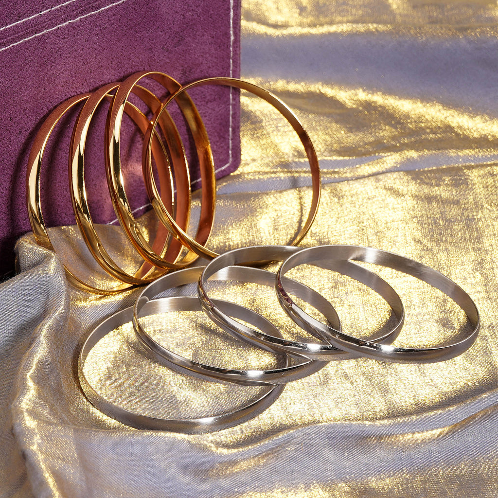 65 mm (2.56") Bangle Set of 8 for Women, 6 mm Wide Gold & Silver-Tone Stainless Steel Stackable Bracelets - Fits Palm Width up to ~90 mm