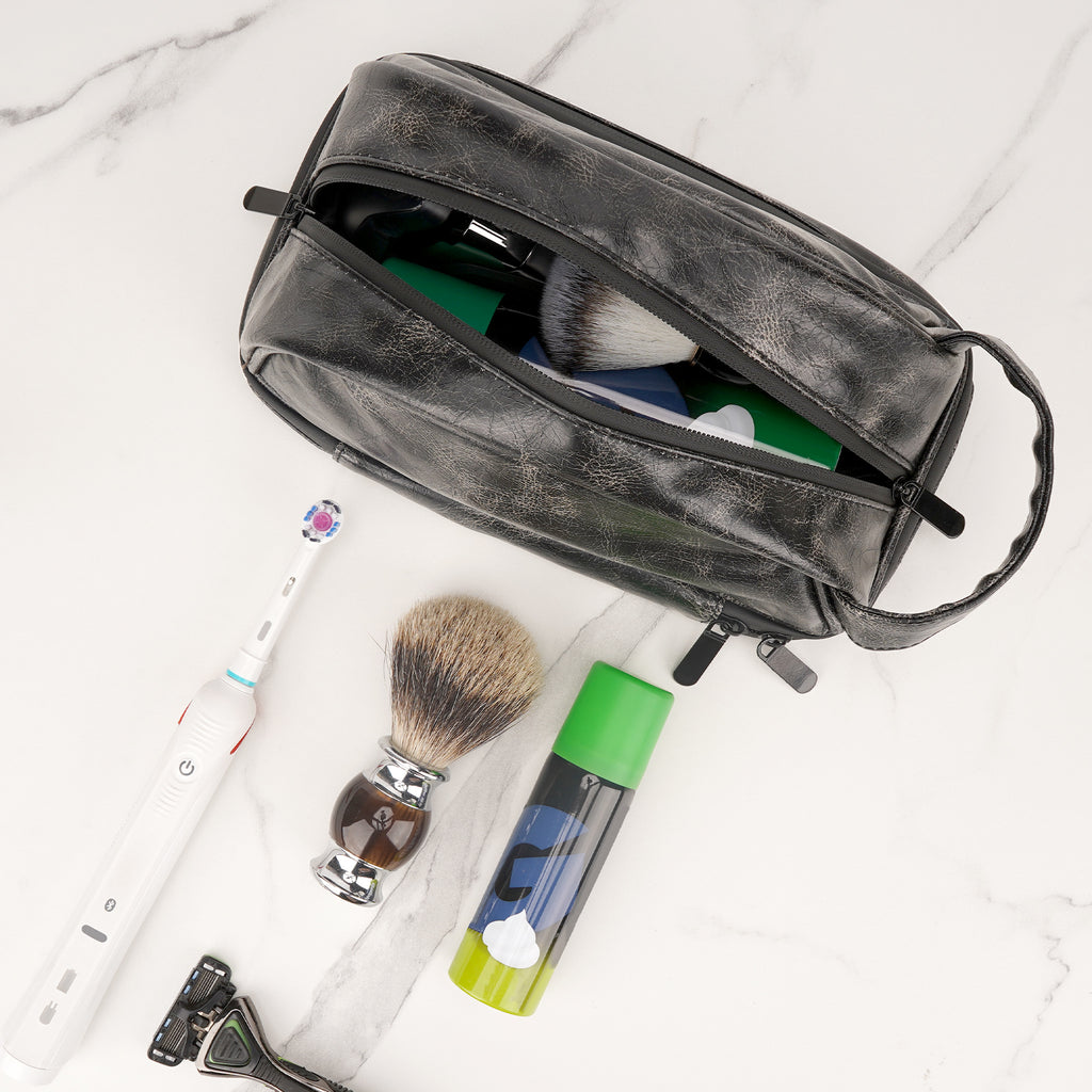 Linkidea Men's Toiletry Travel Bag, Water-Resistant PU Grooming Shaving Organizer for Business Trip with Wet Pocket, Travel Accessories Toiletry Bag (Black)